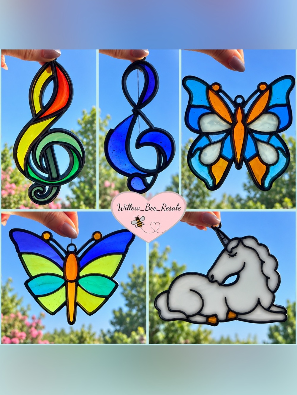 Vintage Stained Glass Style Suncatcher Lot Butterflies Treble Clefs Unicorn